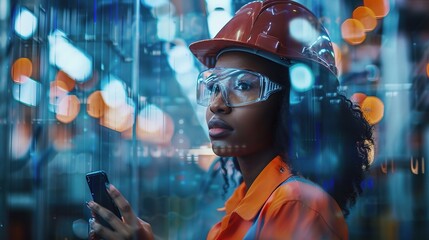 Female Engineer in Industrial Setting: A close-up portrait of a female engineer in a hard hat and safety glasses, standing against a backdrop of a bustling industrial facility.  