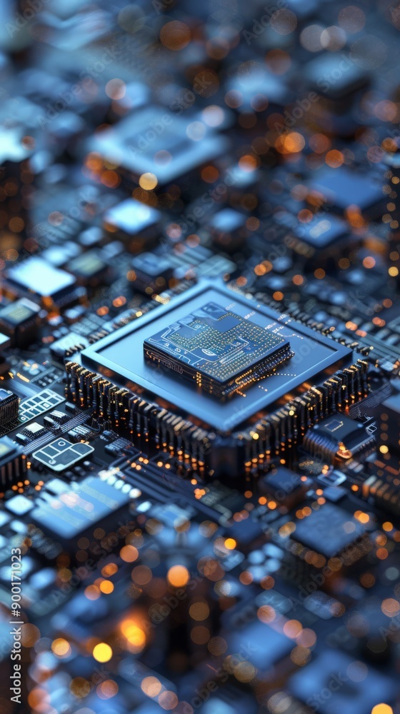 Poster Vertical view of intricate circuit board with microprocessor and glowing details. Futuristic technology concept.