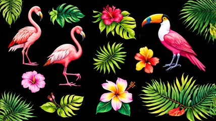 Tropical Birds and Flowers Illustration Featuring Flamingos, Toucan, and Hibiscus on Black Background