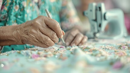 Close-up of skilled hands sewing intricate patterns on fabric, showcasing craftsmanship and dedication to the art of tailoring.