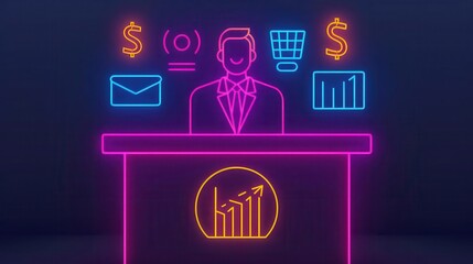 Obraz premium Neon podium with presenter and diverse financial symbols, illustrating investment diversification, modern finance, strategic growth