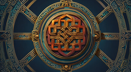 Obraz premium A complex digital illustration of the Buddhist endless knot, representing eternity and the interconnectedness of all things, with intricate patterns and serene colors, with space for text.