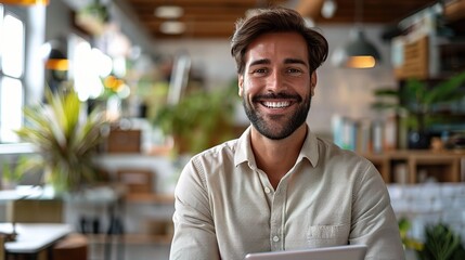 Obraz premium Confident Entrepreneur's Smile: A charismatic businessman radiates success, smiling confidently in his modern, plant-filled office space. 