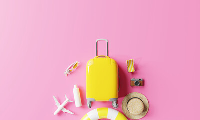 Yellow suitcase with beach accessories sunglasses, straw hat, inflatable ring. on pastel pink background. Summer travel concept. 3d rendering