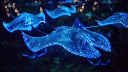 Bioluminescent Stingrays in Dark Water