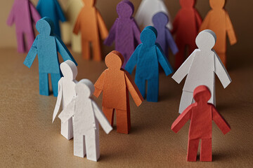 Inclusivity concept with paper human figures holding hands, symbolizing unity and diversity in an inclusive group.