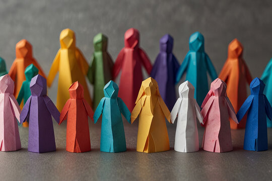 Inclusivity concept with paper human figures holding hands, symbolizing unity and diversity in an inclusive group.