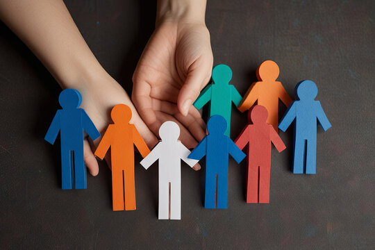 Inclusivity concept with paper human figures holding hands, symbolizing unity and diversity in an inclusive group.