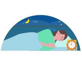 ぐっすりと寝る女性。睡眠する人物のイラスト。規則正しい生活習慣。ベクターイラスト