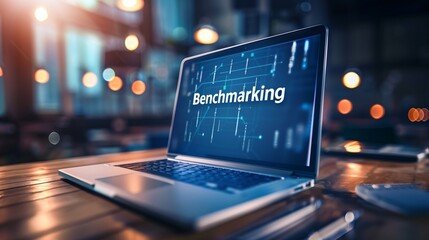 Business professionals analyzing market performance data on a digital dashboard, focusing on benchmarking and competitive analytics for strategic decision-making.