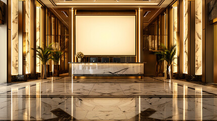 A luxurious hotel lobby decorated with marble, an empty billboard for advertising, and an empty information board for guidance, Generative AI