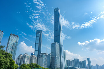 Fototapeta premium Skyscrapers Reaching into a Bright Blue Sky with White Clouds on a Sunny Day