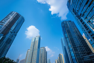 Fototapeta premium Skyscrapers Reaching into a Bright Blue Sky with White Clouds on a Sunny Day