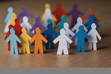 Inclusivity concept with paper human figures holding hands, symbolizing unity and diversity in an inclusive group.