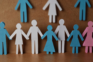 Inclusivity concept with paper human figures holding hands, symbolizing unity and diversity in an inclusive group.