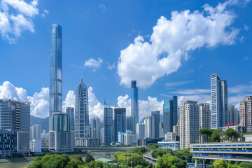 Fototapeta premium Skyscrapers Reaching into a Bright Blue Sky with White Clouds on a Sunny Day