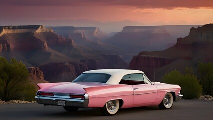 Fototapeta premium Pink classic American car with Grand canyon background, wallpaper