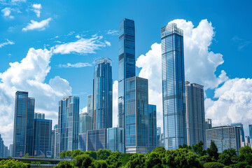 Obraz premium Skyscrapers Reaching into a Bright Blue Sky with White Clouds on a Sunny Day