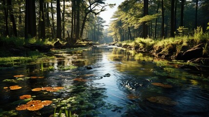 A tranquil river winding its way through a verdant forest, with sunlight dappling the water's surface through the canopy above 8k wallpaper 
