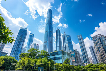 Fototapeta premium Skyscrapers Reaching into a Bright Blue Sky with White Clouds on a Sunny Day