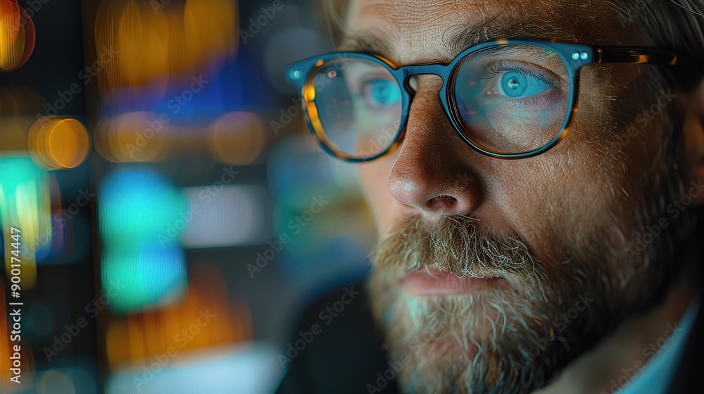 Poster data driven focus: close-up of a focused businessman with glasses analyzing data reflected in his ey
