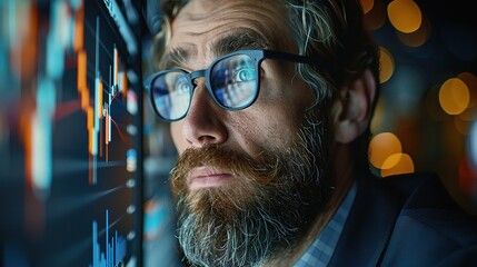Data-Driven Insight: A seasoned professional with a salt and pepper beard intently analyzes glowing charts, seeking insights in a world of data visualization.