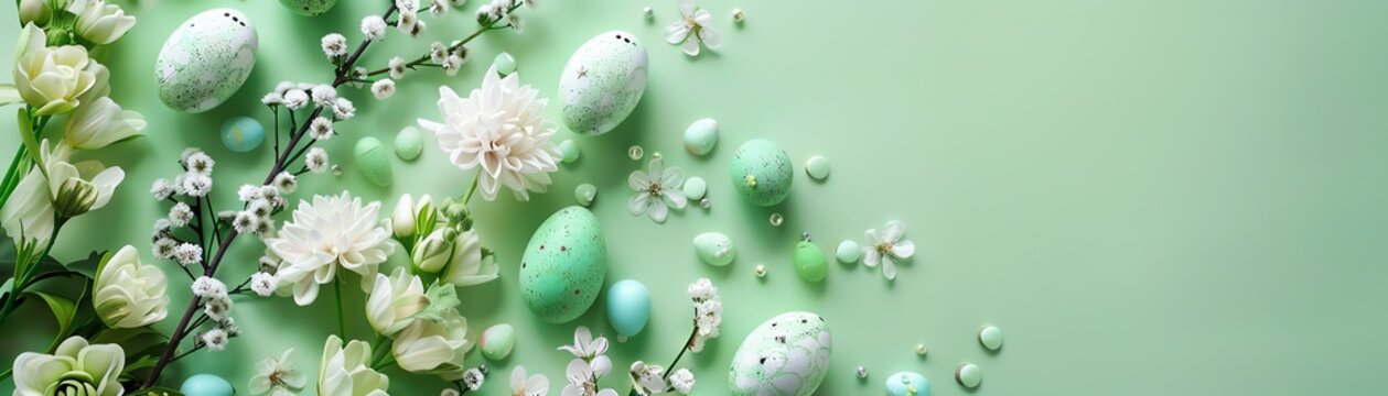 Easterthemed arrangement with flowers, eggs, and decorations on a light green background