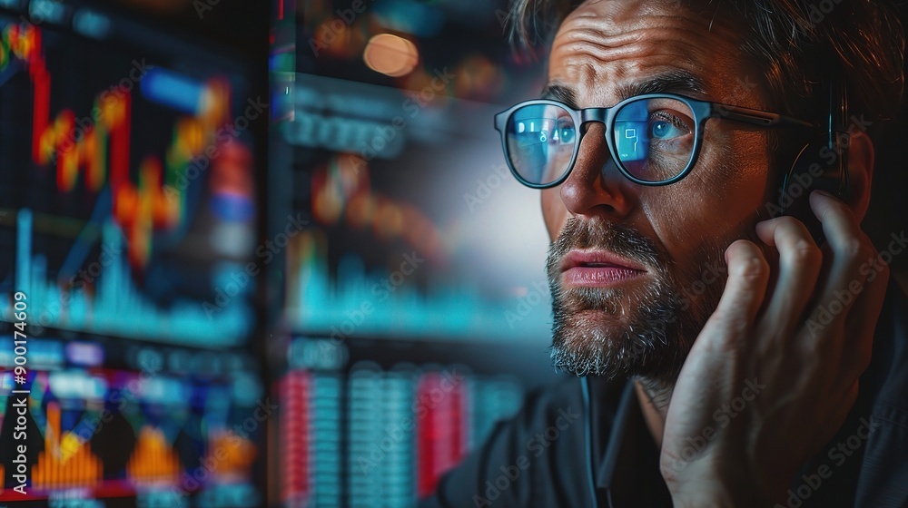 Poster focused analyst: a man wearing glasses and headphones intently studies financial data displayed on a