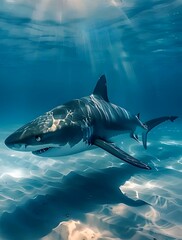 Fototapeta premium The secret world of the ocean, a realm of large and dangerous giants. A white shark in its element and man as a guest.