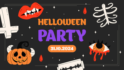 Happy Halloween party poster or greeting card on dark bacground. Halloween party flyer with tradition elements. Colorful vector templates for social media post, flyer, postcard design