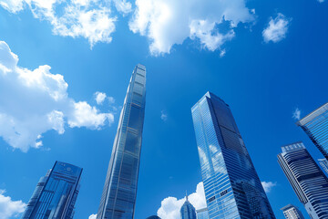 Obraz premium Skyscrapers Reaching into a Bright Blue Sky with White Clouds on a Sunny Day