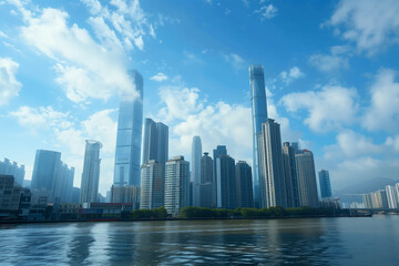 Obraz premium Skyscrapers Reaching into a Bright Blue Sky with White Clouds on a Sunny Day