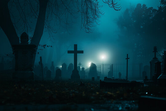 cemetery in the dark of a foggy night Artificial Intelligence Generated