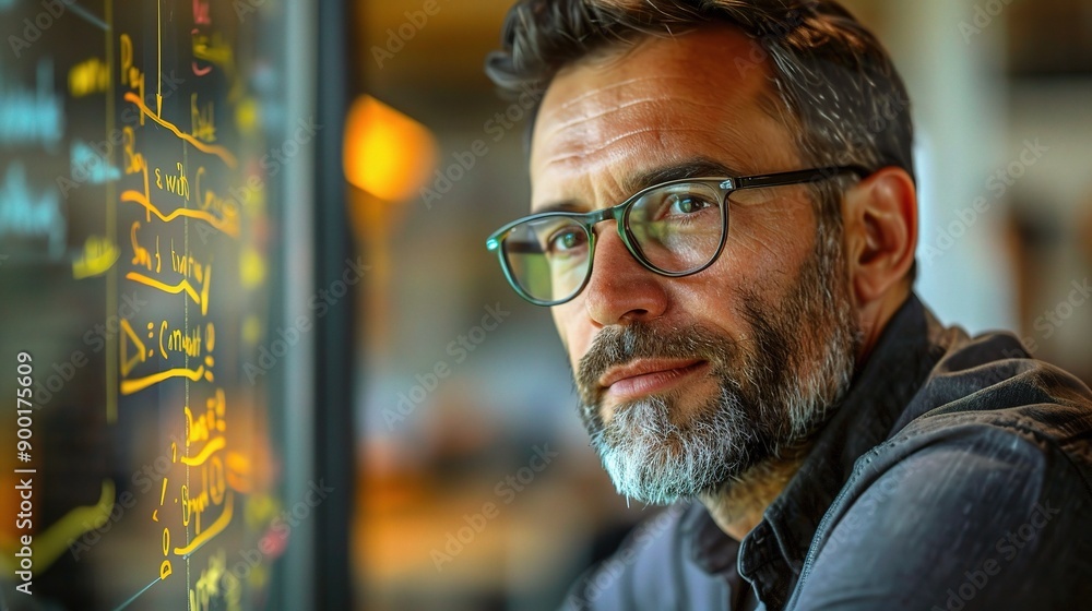 Poster focused on the data: a determined businessman in glasses, with a thoughtfully intense gaze, studies 