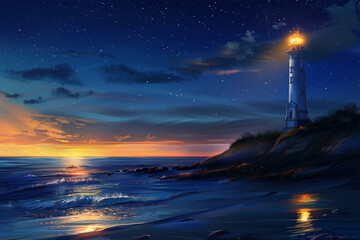 lighthouse on the beach at night Artificial Intelligence Generated