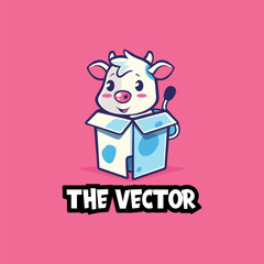 Cute Cow on the box logo, vector, mascot, character, cartoon, illustration
