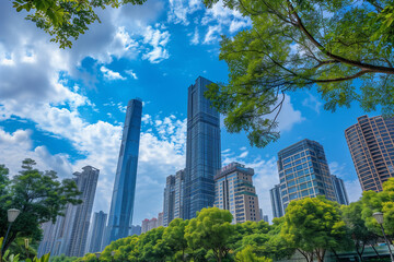 Skyscrapers Reaching into a Bright Blue Sky with White Clouds on a Sunny Day