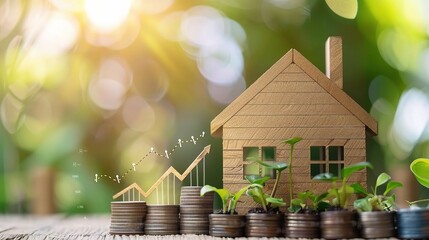 Sustainable Home Investment: A miniature wooden house basks in the sun, with ascending coin stacks and growth charts signifying eco-friendly real estate and financial growth. 