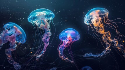 Obraz premium Neon Jellyfish Dancing in the Dark