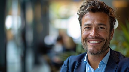 Obraz premium Confident Businessman's Portrait: A charismatic entrepreneur with a warm, genuine smile exudes success and approachability in a modern office setting. 