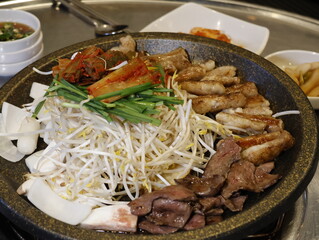 Korean traditional food Gopchang, Grilled beef intestines, Korean Street Food.