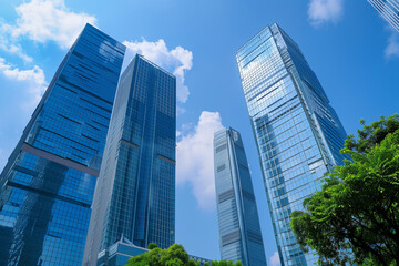 Skyscrapers Reaching into a Bright Blue Sky with White Clouds on a Sunny Day