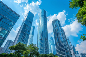 Fototapeta premium Skyscrapers Reaching into a Bright Blue Sky with White Clouds on a Sunny Day