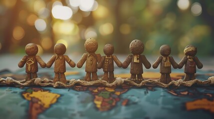 Wooden figures of different cultures holding hands 