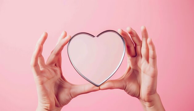Hands forming heart shape in front of a mirror, closeup, pink background, selflove and reflection