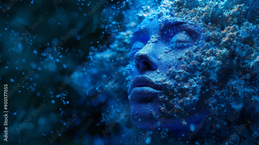 Aufkleber Face of a futuristic blue humanoid robot with glowing particles around. Advanced robotics and artificial intelligence concept.