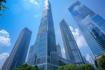Skyscrapers Reaching into a Bright Blue Sky with White Clouds on a Sunny Day