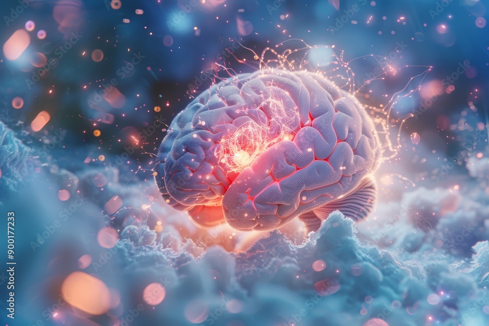 Poster digital brain with glowing neurons in futuristic setting