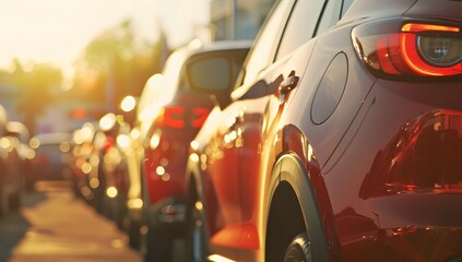 A red SUV shining in golden sunlight at a car dealership.