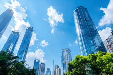 Obraz premium Skyscrapers Reaching into a Bright Blue Sky with White Clouds on a Sunny Day